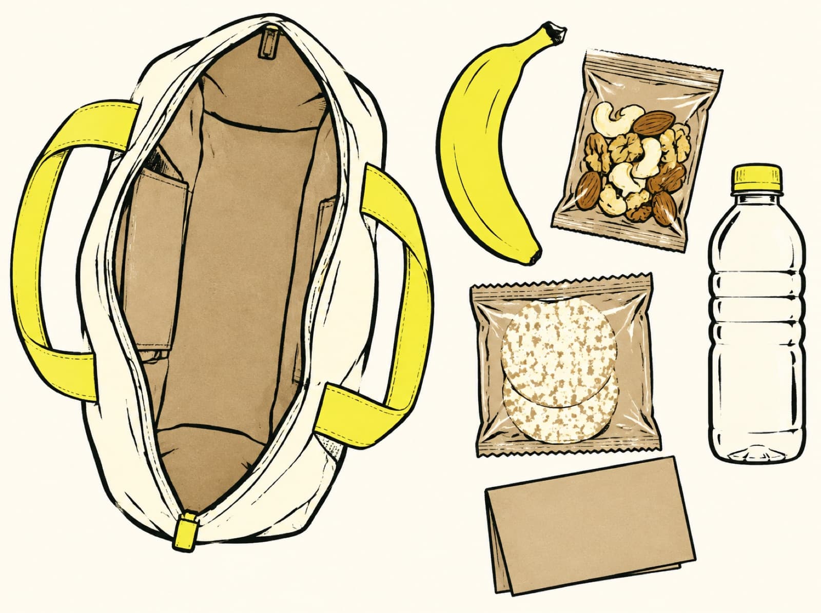 Bolsa de viagem aberta com banana, castanhas, biscoito de arroz, água e um cartão