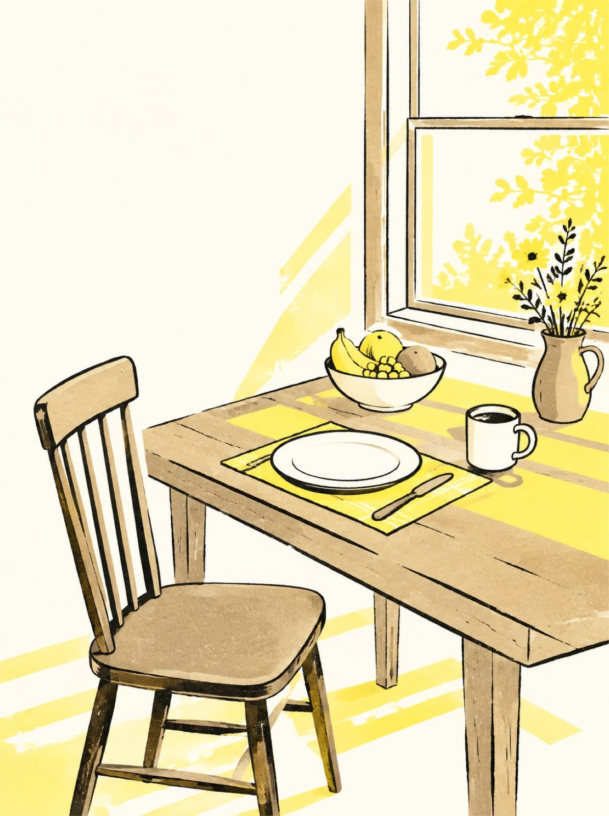 Mesa de café da manhã junto à janela, com um lugar posto e a cadeira puxada