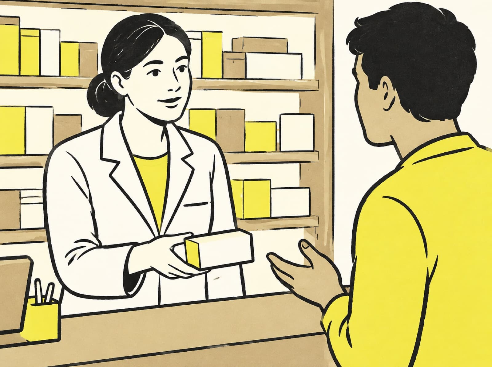 Farmacêutica entregando uma caixa de remédio a um cliente que faz uma pergunta