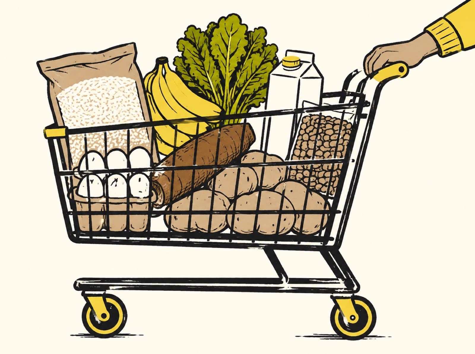 Carrinho de supermercado com arroz, ovos, frutas e mandioca
