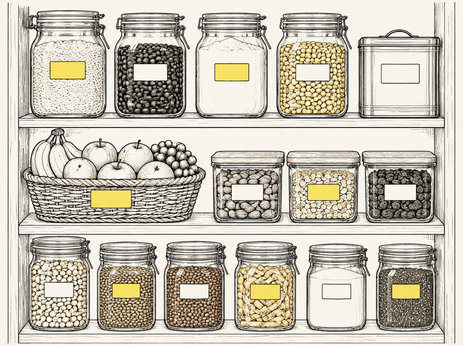 Prateleira organizada com potes de vidro etiquetados: arroz, feijão, tapioca, milho