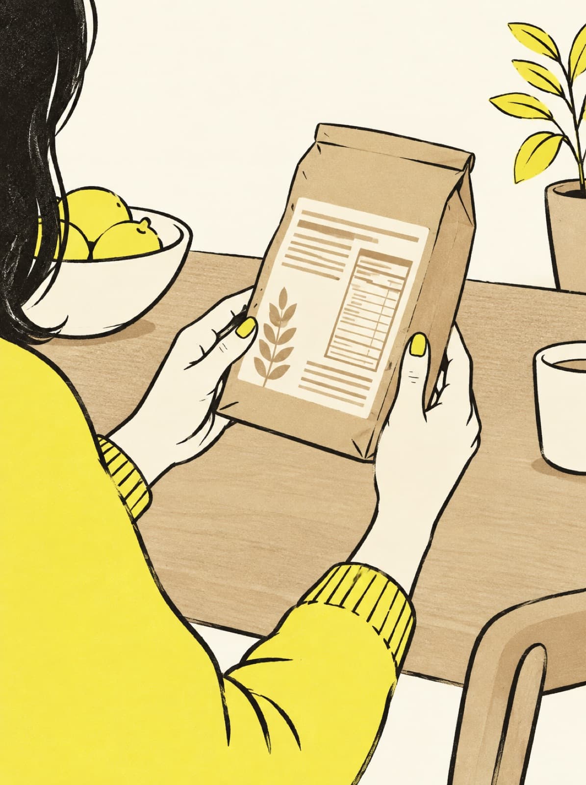 Mulher virando uma embalagem para ler o rótulo na mesa da cozinha